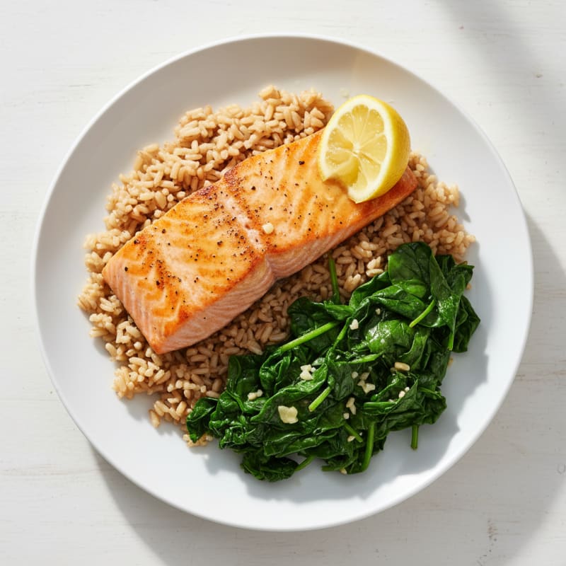 Seared Salmon with Garlic Spinach and Brown Rice