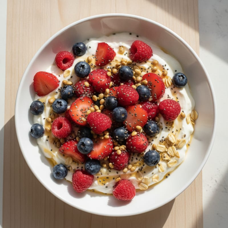 Silky Greek Yogurt Protein Bowl with Mixed Berries and Chia Seeds
