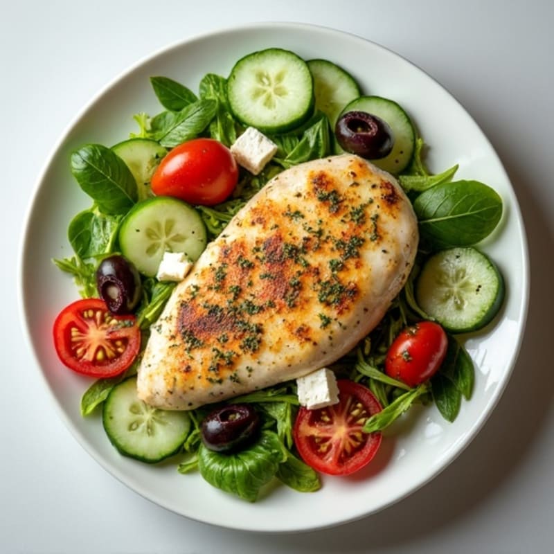 Lemon-Herb Roasted Chicken Salad with Fresh Cucumber, Tomato, Olives, and Feta