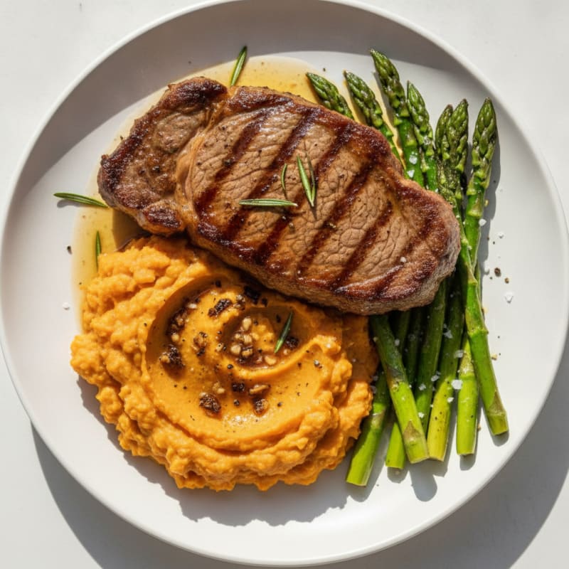 Pan-Seared Grass-Fed Steak with Garlicky Sweet Potato Mash
