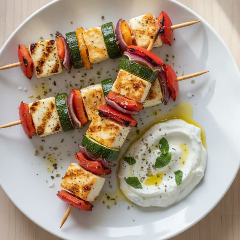 Halloumi and Vegetable Skewers with Mint Yogurt