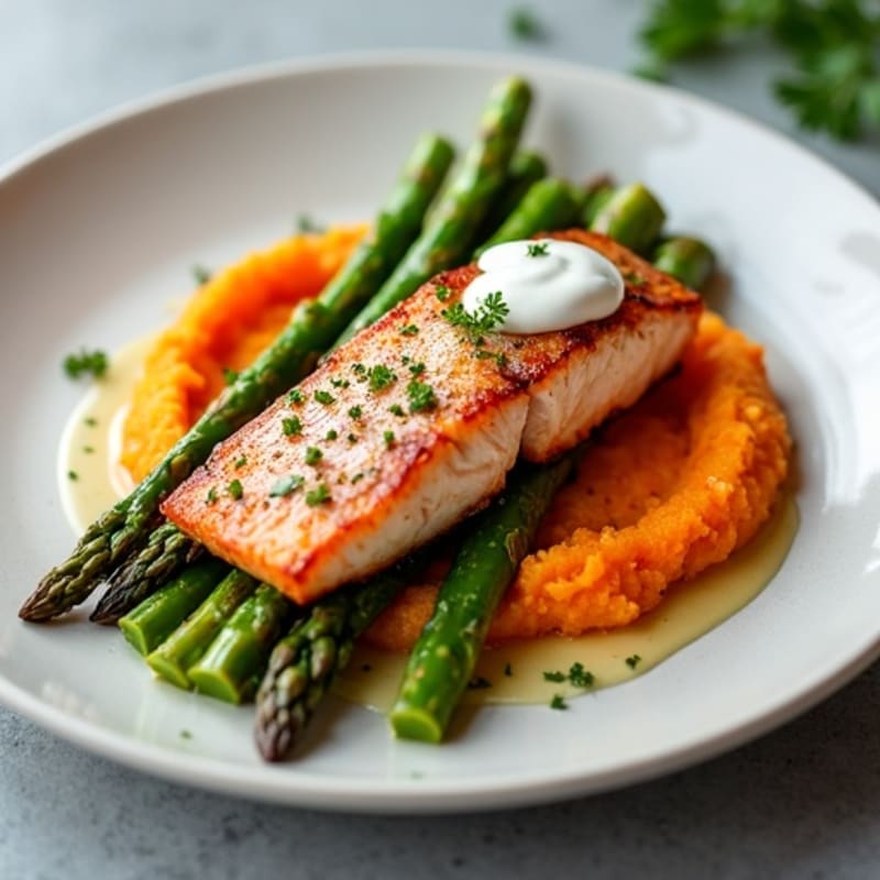 Crispy Salmon Fillet with Roasted Asparagus and Sweet Potato Mash