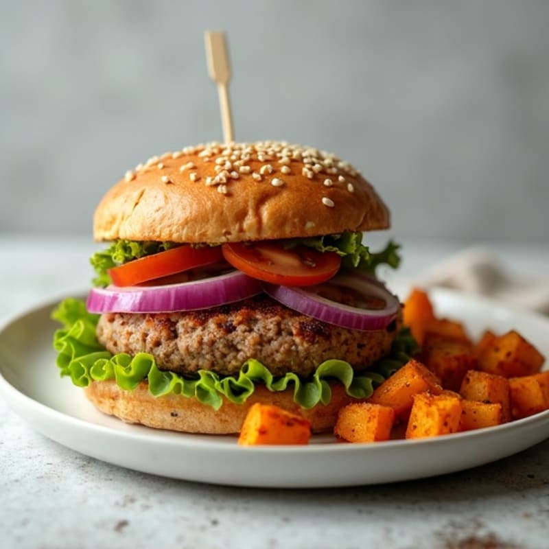 Lean Turkey Burger with Crispy Roasted Sweet Potatoes