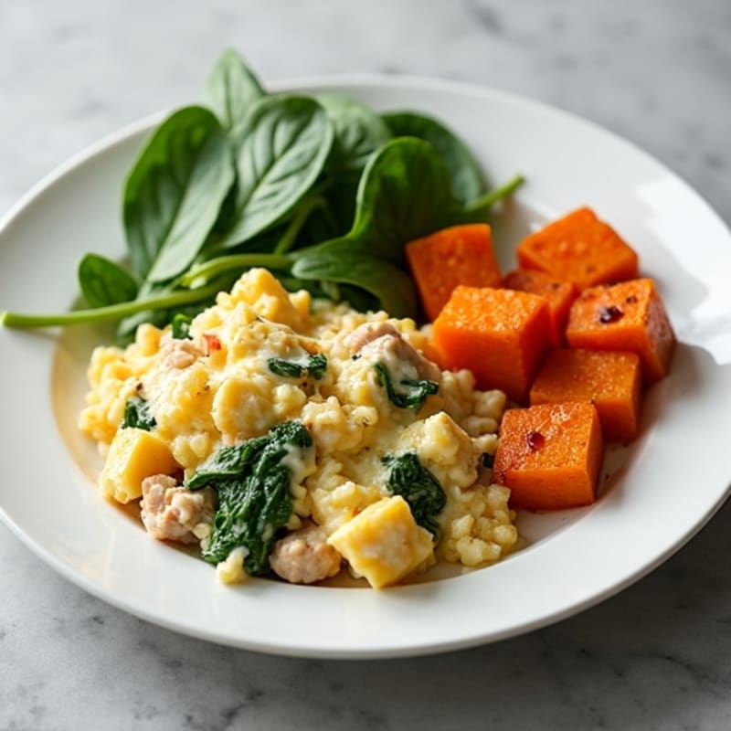 Egg White and Turkey Spinach Scramble with Roasted Sweet Potatoes