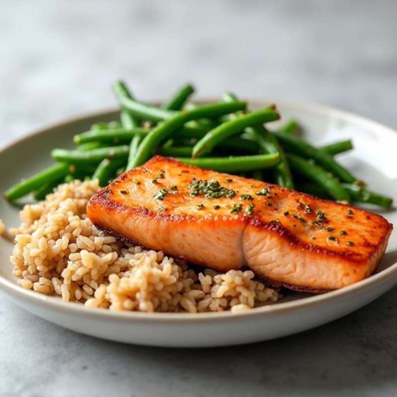 Seared Salmon with Garlic Green Beans and Brown Rice