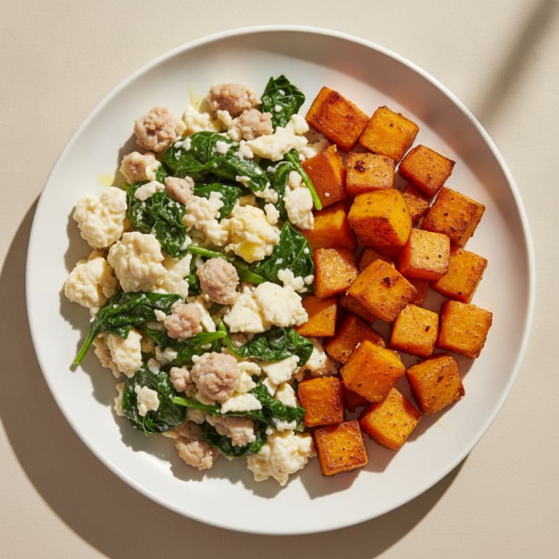 Egg White and Turkey Sausage Scramble with Spinach and Roasted Sweet Potatoes