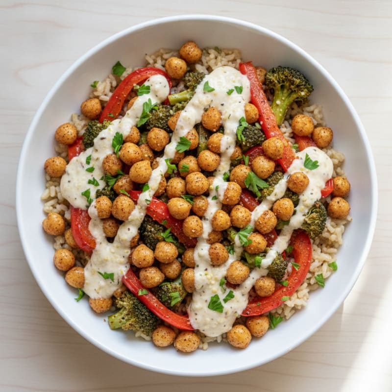 Roasted Vegetable and Chickpea Rice Bowl