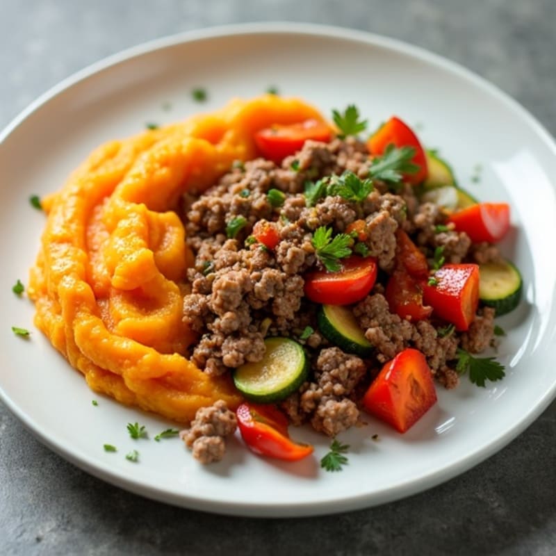Lean Ground Beef and Vegetable Bake with Creamy Sweet Potato Mash