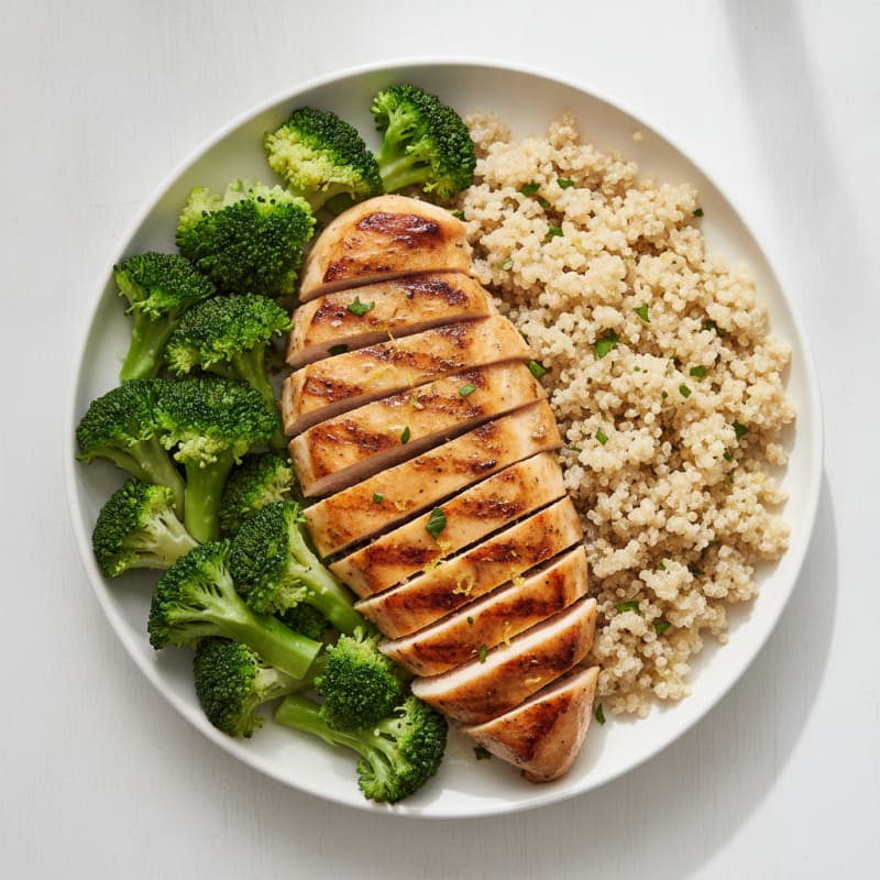 Grilled Chicken Breast with Steamed Broccoli and Quinoa