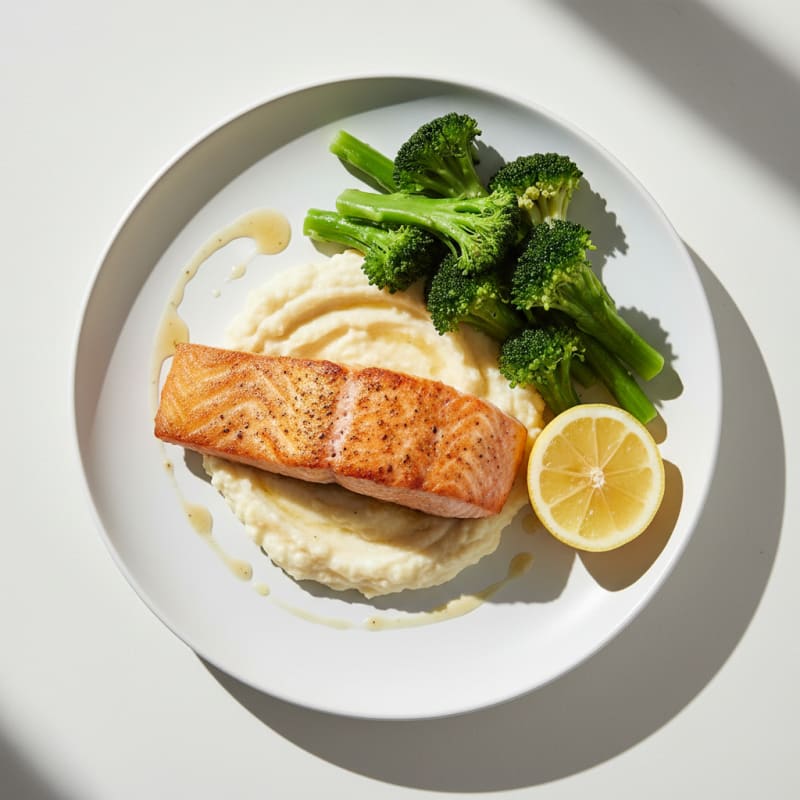 Seared Salmon Fillet with Steamed Broccoli and Garlic Cauliflower Mash