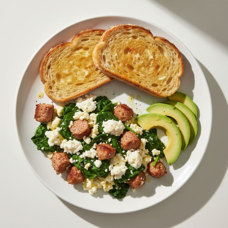 Egg White and Chicken Sausage Scramble with Cottage Cheese and Sautéed Spinach