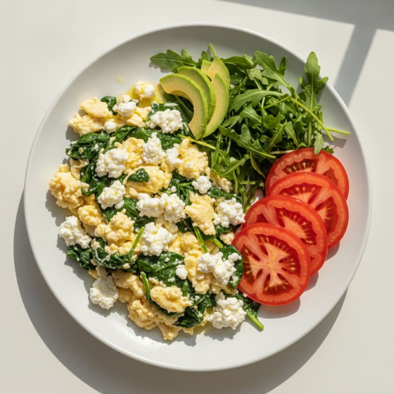 Egg White Spinach Scramble with Cottage Cheese and Sliced Tomatoes