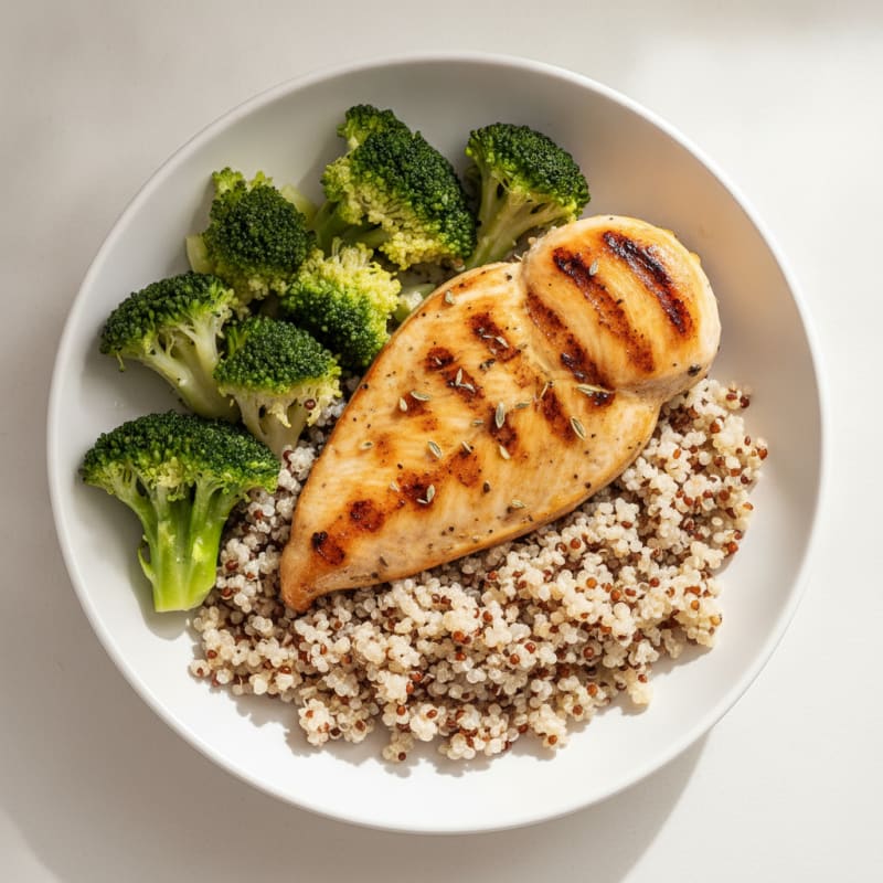 Grilled Lemon Herb Chicken Breast with Quinoa and Steamed Broccoli