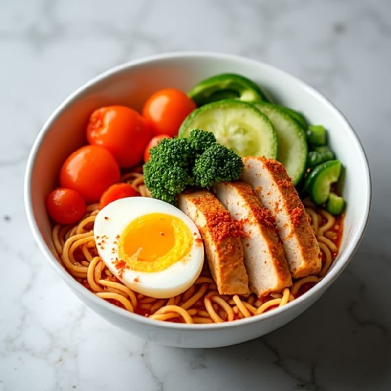 Spicy Sriracha Chicken Ramen with Fresh Vegetables