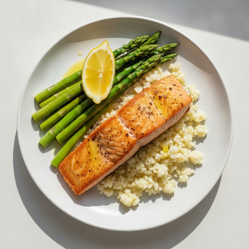 Seared Salmon with Steamed Asparagus and Cauliflower Rice