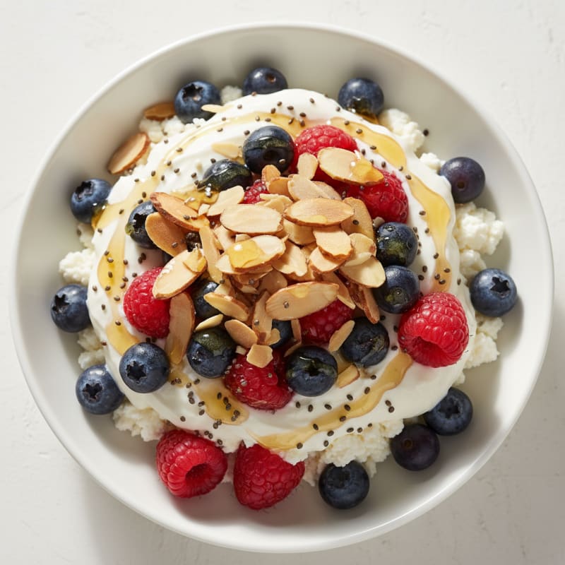 Greek Yogurt and Cottage Cheese Parfait with Berries and Almonds