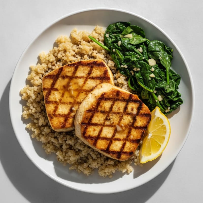 Grilled Tofu Steaks with Quinoa and Sautéed Spinach