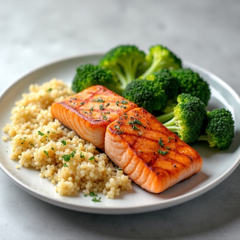 Grilled Salmon Fillet with Steamed Broccoli and Quinoa