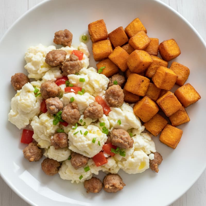 Egg White Scramble with Turkey Sausage and Roasted Sweet Potatoes