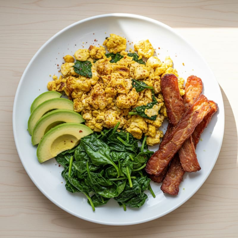 Silky Tofu Scramble with Sautéed Spinach and Tempeh Bacon