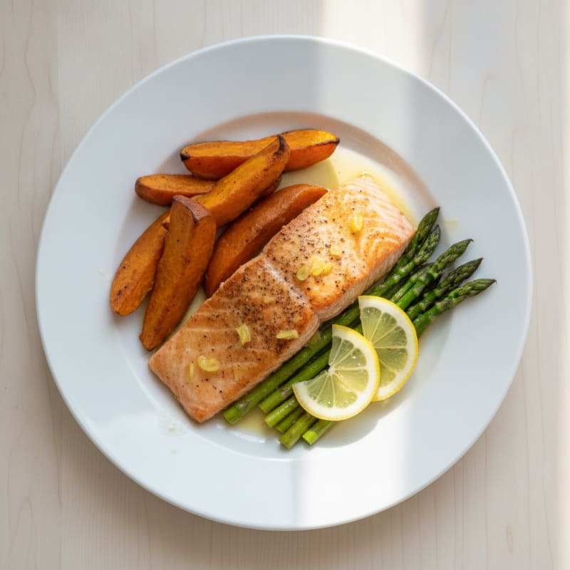 Seared Salmon Fillet with Roasted Sweet Potatoes and Asparagus