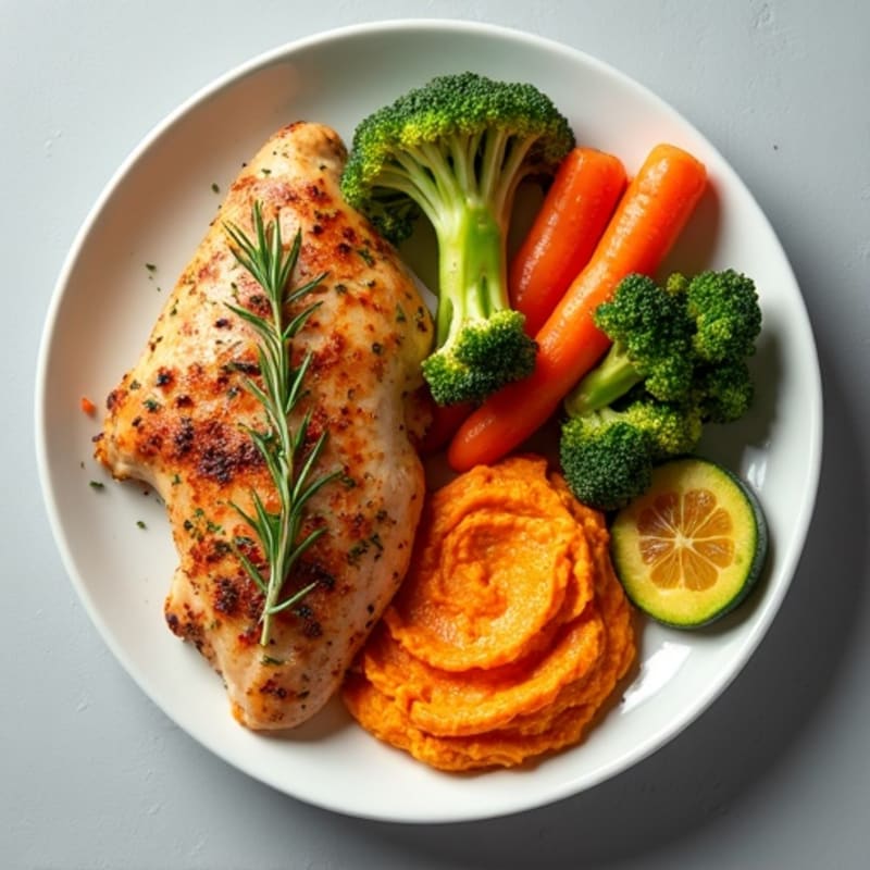 Herb-Roasted Chicken and Crispy Vegetables with Creamy Roasted Red Pepper Hummus
