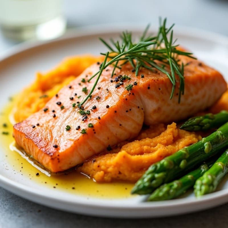 Seared Salmon with Steamed Asparagus and Sweet Potato Mash