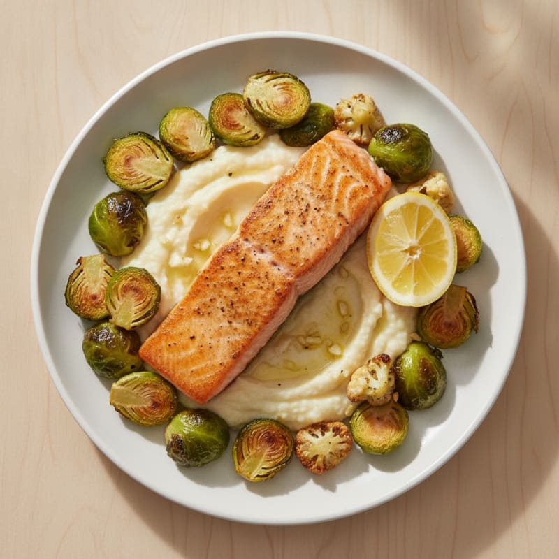 Seared Salmon with Roasted Brussels Sprouts and Cauliflower Mash