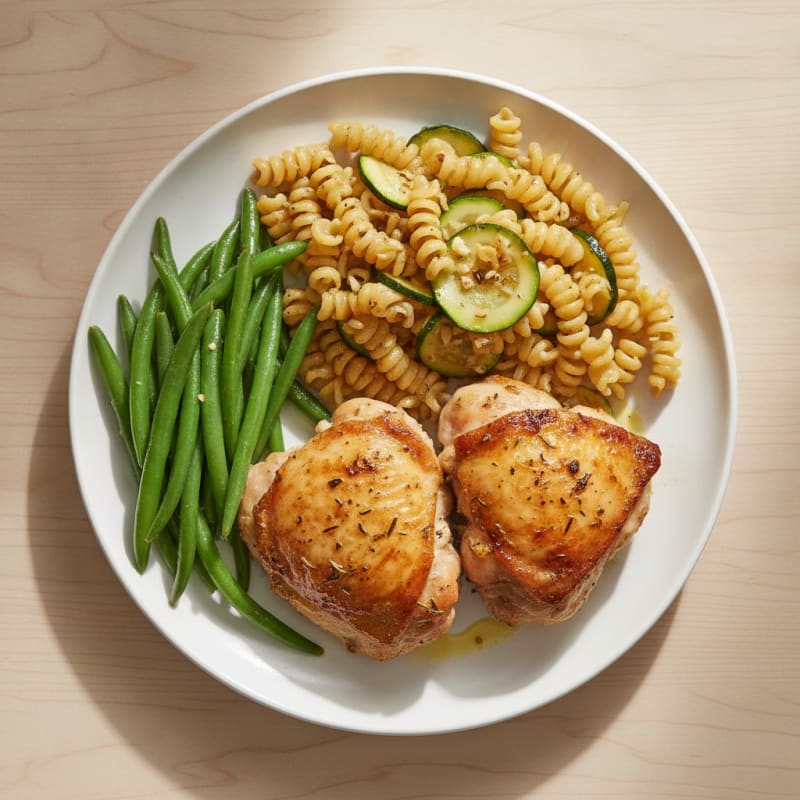 Herb-Roasted Chicken Thighs with Vegetable Pasta and Steamed Green Beans