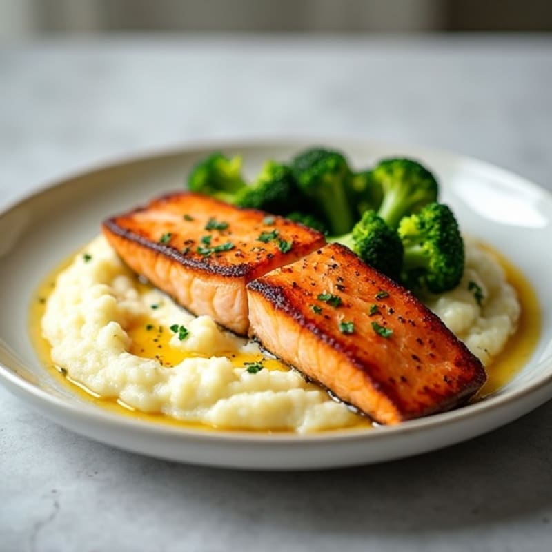 Seared Salmon with Steamed Broccoli and Garlic Cauliflower Mash