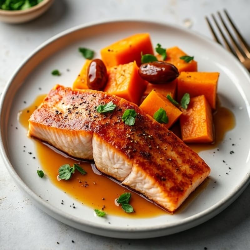 Date-Glazed Salmon with Creamy Roasted Sweet Potatoes
