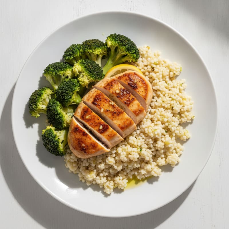Seared Chicken Breast with Steamed Broccoli and Cauliflower Rice