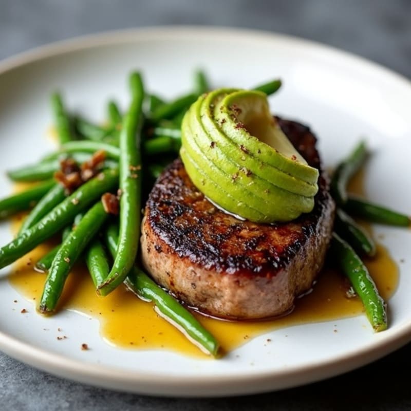 Seared Grass-Fed Beef Steak with Garlic Green Beans