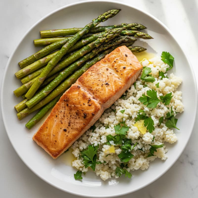 Seared Salmon Filet with Roasted Asparagus and Herbed Cauliflower Rice