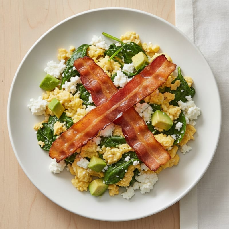 Cottage Cheese Egg Scramble with Spinach and Turkey Bacon