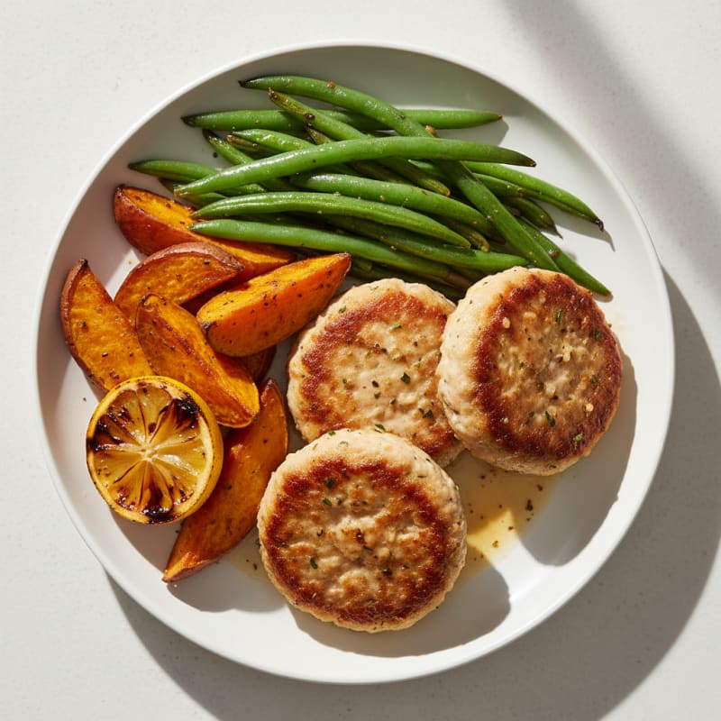 Seared Turkey Patties with Roasted Sweet Potato and Green Beans