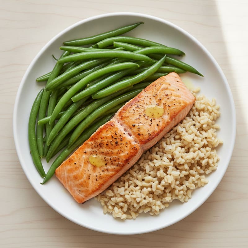 Seared Salmon with Steamed Green Beans and Brown Rice