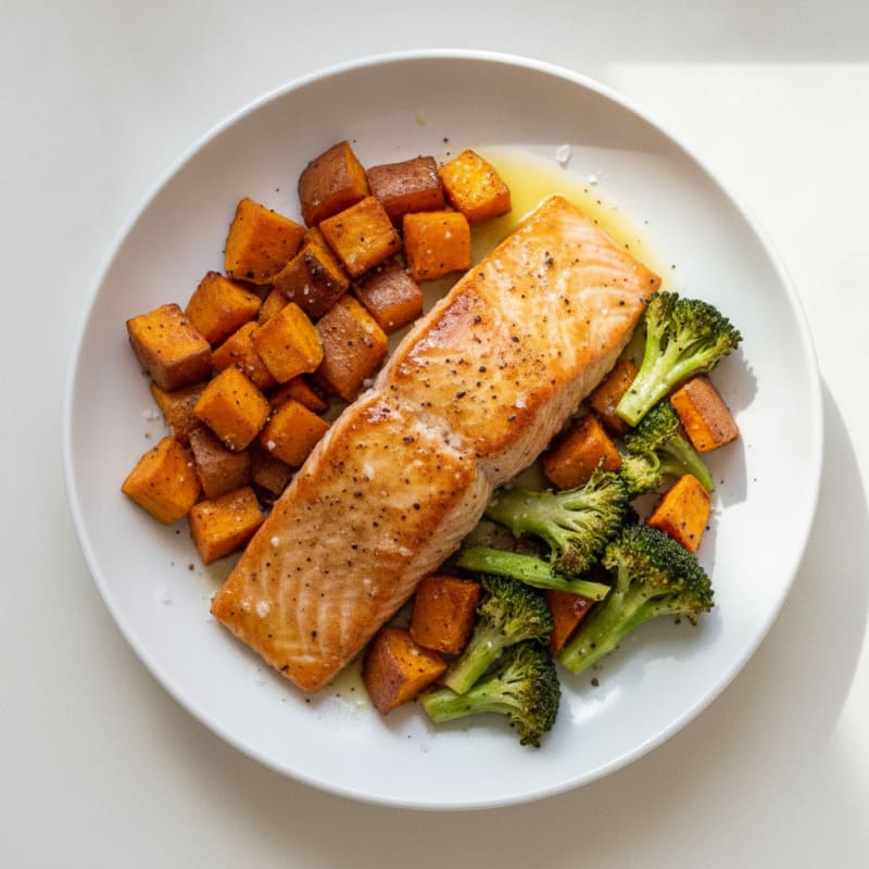 Seared Salmon with Roasted Sweet Potato and Broccoli