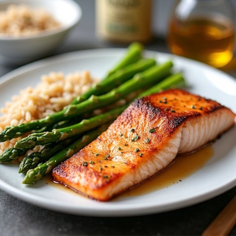 Pan-Seared Salmon with Steamed Asparagus and Brown Rice