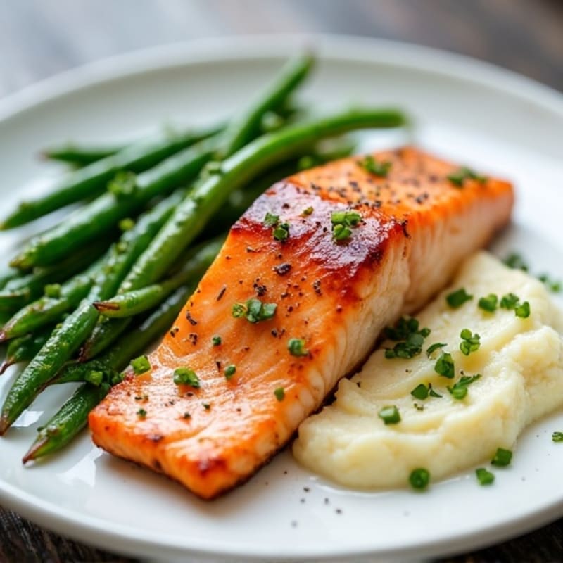 Seared Salmon Fillet with Garlic Green Beans and Mashed Cauliflower
