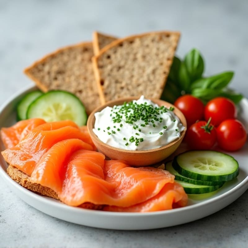 Smoked Salmon Protein Plate with Creamy Chive Spread, Whole Grain Crispbread, and Fresh Veggies