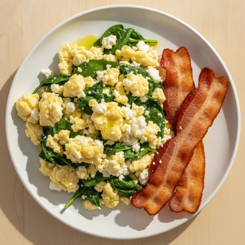 Cottage Cheese Scramble with Spinach and Turkey Bacon