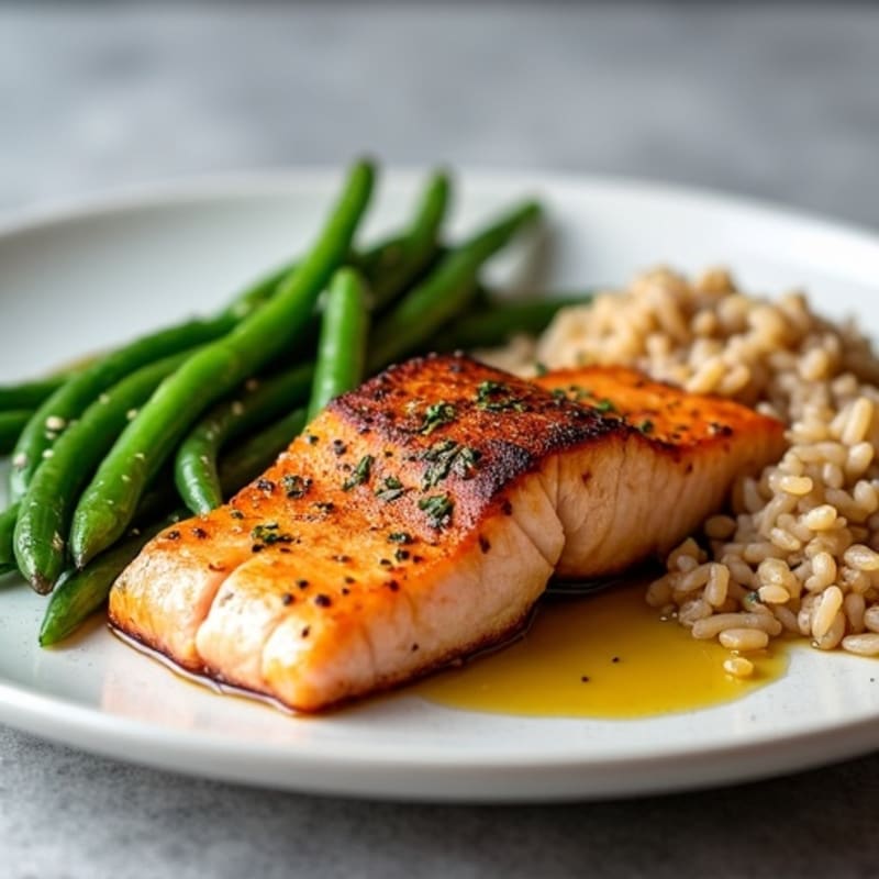 Seared Salmon with Garlic Green Beans and Brown Rice