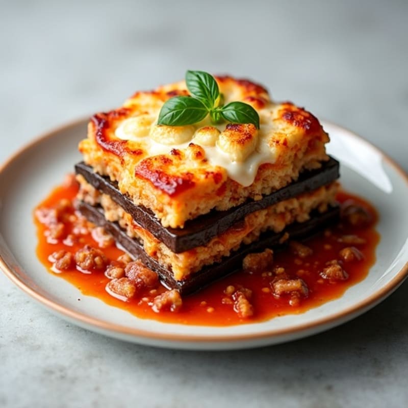 Hearty Baked Eggplant and Lean Ground Lamb Layers with Creamy Cauliflower Topping