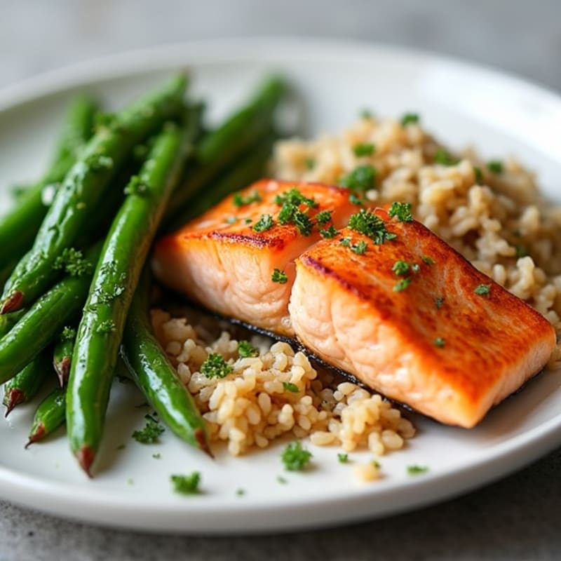 Seared Salmon Fillet with Garlic Green Beans and Steamed Brown Rice