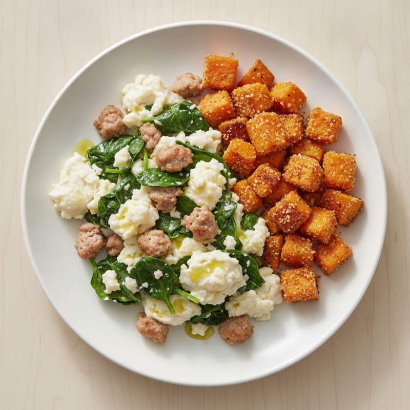 Egg White and Turkey Sausage Scramble with Spinach and Roasted Sweet Potato