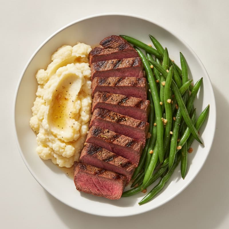 Seared Lean Beef with Garlic Green Beans and Mashed Cauliflower