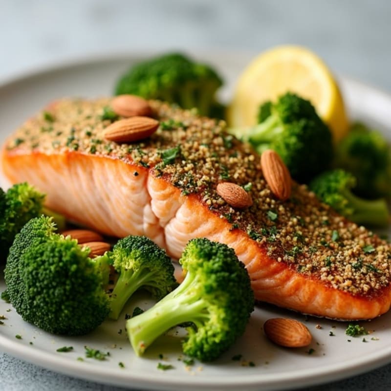 Baked Herb-Crusted Salmon with Roasted Broccoli and Almonds