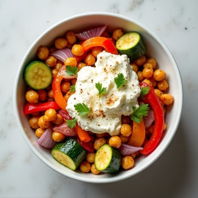 Creamy Savory Cottage Cheese Bowl with Roasted Vegetables and Crispy Chickpeas