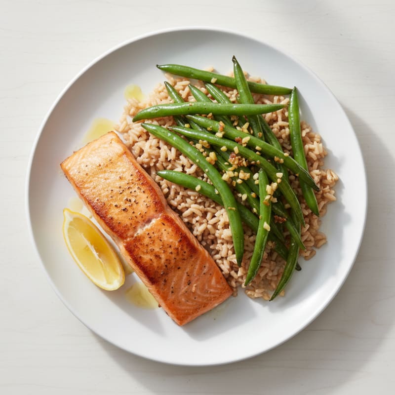 Seared Salmon Fillet with Garlic Green Beans and Brown Rice